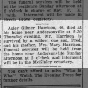 Alley Gilmer Harrison Obit 3/19/1915 Muncie IN